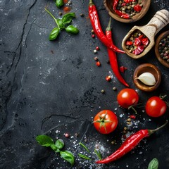 Sizzling Spices: Top View of Black Stone Cooking Background with Fresh Vegetables