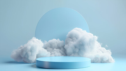 Cloud background podium blue 3d product sky white display platform render abstract stage pastel scene. Podium stand light minimal cloud background studio dreamy pedestal backdrop smoke geometric