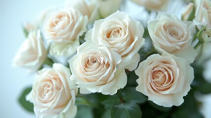   Close-up of white roses and green leaves against a white backdrop Soft focus on bouquet center