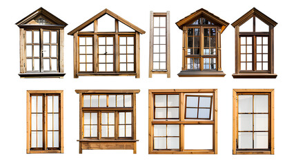 Collection of real vintage wooden house window frame sets, isolated on a white background 
