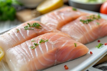 raw fish fillet on a white plate closeup, raw fish pieces closeup, raw tuna fish, raw salmon fish pieces closeup