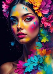 Beautiful woman with flowers, woman's face, Model face, Illustration woman face