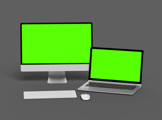 3d render of desktop and laptop with green screen on a dark background