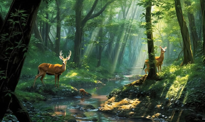 A deer is standing in the middle of a forest with a river running through it. The scene is peaceful...