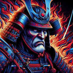 Japanese warrior in black and red colors
