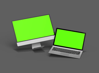 3d render of desktop and laptop with green screen on a dark background