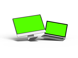 3d render of desktop and laptop with green screen on a transparent background