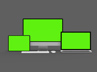 3d render of desktop, laptop and tablet with green screen on a dark background