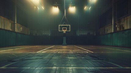 Dimly lit basketball court providing a focused atmosphere for practice. The single hoop stands out...
