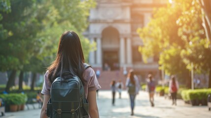 Asian female student with a backpack at a university campus. Back view. Concept of academic aspirations, higher education, student diversity, new beginnings, and cultural integration. Copy space