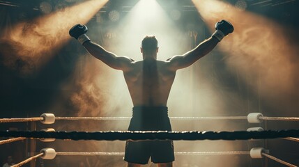Obraz premium Male boxer with arms raised in victory, basking in glow of success. Athlete's triumph in boxing ring spotlight. Man in boxing gloves. Concept of winning, athletic achievement
