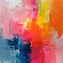 A vibrant abstract painting with bold strokes of pink, orange, blue, and yellow