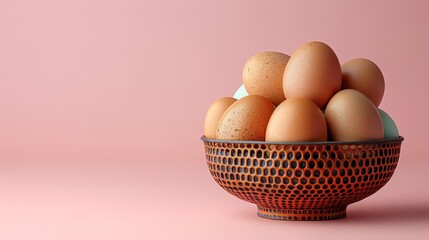   A bowl brimming with numerous eggs atop a pink backdrop, surrounded by a pink wall