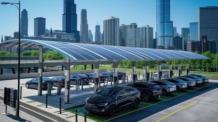 An aerial view of a car charging station in a parking lot, combining urban design, landscape, and sustainable transportation AIG41