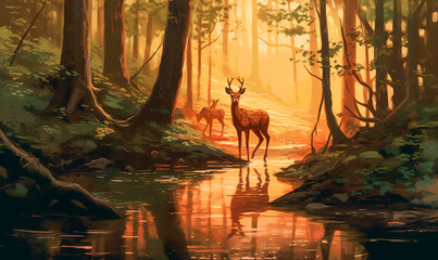 A deer is standing in the middle of a forest with a river running through it. The scene is peaceful and serene, with the sunlight filtering through the trees and casting a warm glow on the water