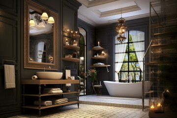 Elegant Stylish bathroom. Mirror clean shower. Generate Ai - 788742383