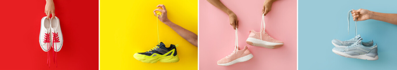 Collage of stylish sports shoes on color background