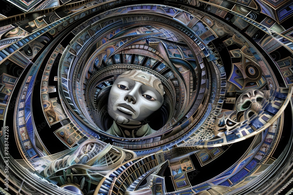 Poster mechanical mind: an intricate abstract art of a human face interwoven with complex machinery and gea