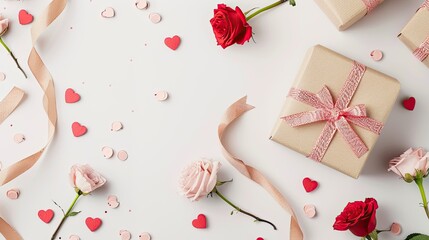 Celebrate Valentine s Day with a charming gift box set against a crisp white backdrop epitomizing the essence of this special occasion Presented in a flat lay composition with a top view pe