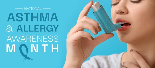 Young woman with inhaler on blue background, closeup. Banner for National Asthma and Allergy...