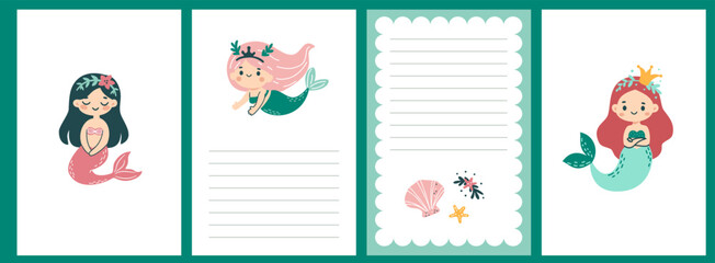 Vector postcard set for baby showers. Cute mermaids, seashells and starfish . Vector illustration