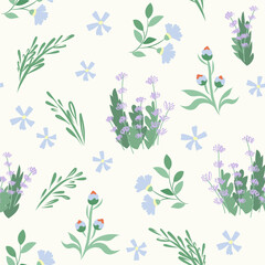 Pattern of flowering lavender bushes. Spring blue wildflowers, blooming background. Hand drawn vector wallpaper for fabric, prints, invitations, covers. Delicate summer seamless textile design