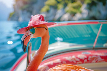 Happy gentleman in pink sunglasses driving luxury cabrio - obrazy, fototapety, plakaty