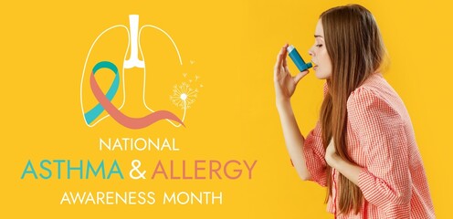 Young woman with inhaler on yellow background. Banner for National Asthma and Allergy Awareness Month