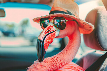Individual strapped in pink flamingo booster seat smiling - obrazy, fototapety, plakaty