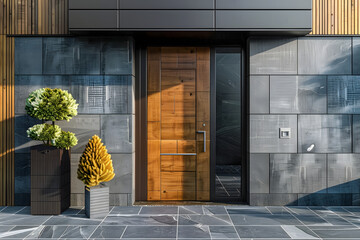 Modern entrance door with wood effect, Wall covering. Generative AI