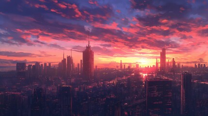 Naklejka premium Sunset Hues Over Metropolitan Skyline