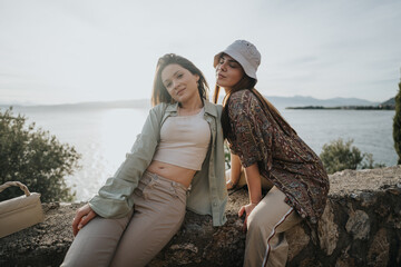 Two young friends relaxing and embracing the beauty of nature while traveling, evoking a sense of togetherness and carefree spirit.