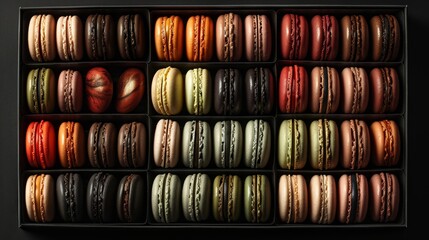   A box brimming with various macarons in assorted shapes and sizes - obrazy, fototapety, plakaty