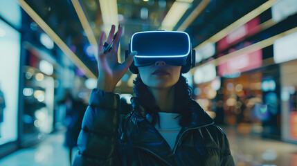 Depict a shopper using virtual reality equipment to participate in Cyber Monday