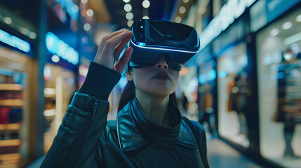 Depict a shopper using virtual reality equipment to participate in Cyber Monday