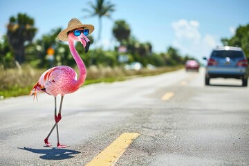 Stranded flamingo in pink sunglasses asking roadside assistance - obrazy, fototapety, plakaty