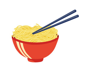 Noodles ramen in a bowl with chopsticks. Oriental asian food. Vector illustration.