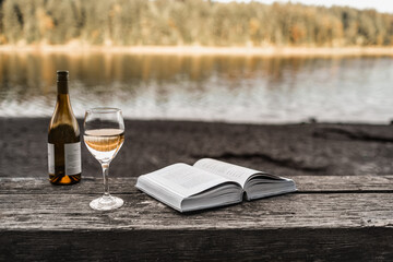 book and glass of wine by a lake, summer nature travel concept 