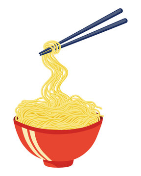 Yellow long noodles ramen in a red bowl with chopsticks. Oriental asian food. Vector illustration. 