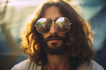 Vibrant Stylish hippie sunglasses. Happy man. Generate Ai
