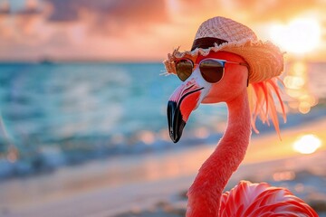 Cheerful flamingo with pink sunglasses on a beach