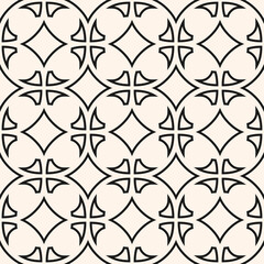 Vector geometric seamless pattern in arabic style. Monochrome geometrical ornament. Abstract outline background with floral shapes, stars. Elegant black and white design for fabric, textile, tiling