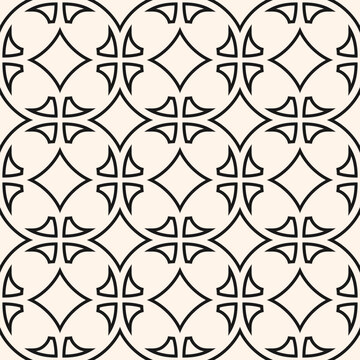 Vector geometric seamless pattern in arabic style. Monochrome geometrical ornament. Abstract outline background with floral shapes, stars. Elegant black and white design for fabric, textile, tiling