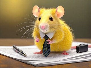 A yellow mouse with a tie prompting the viewer to sign a document with a pen in an office environment while standing on a pile of papers. Created with generative AI.