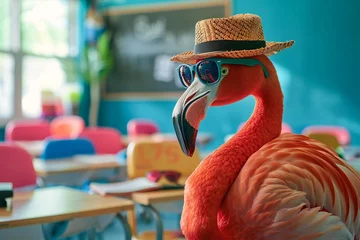 Gardinen Selective young flamingo raises sunglasses in classroom back © Vera