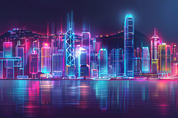 Fototapeta premium Hong Kong city neon lights night skyline vector outline glowing
