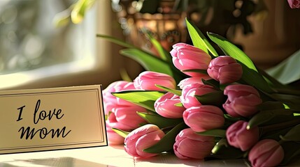 A charming display of pink tulips alongside a card bearing the sweet message I love mom rests gracefully on the table next to the sunlit window embodying the essence of Mother s Day - obrazy, fototapety, plakaty