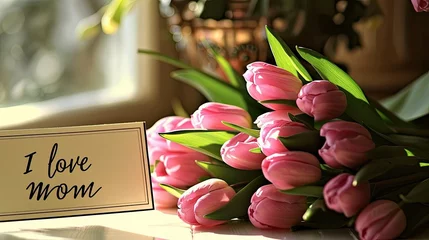  A charming display of pink tulips alongside a card bearing the sweet message I love mom rests gracefully on the table next to the sunlit window embodying the essence of Mother s Day © 2rogan