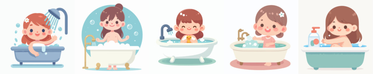 vector collection of little girls taking a bath