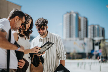 A multi-aged business team collaboratively reviews statistics and develops strategies for increased success and efficiency.